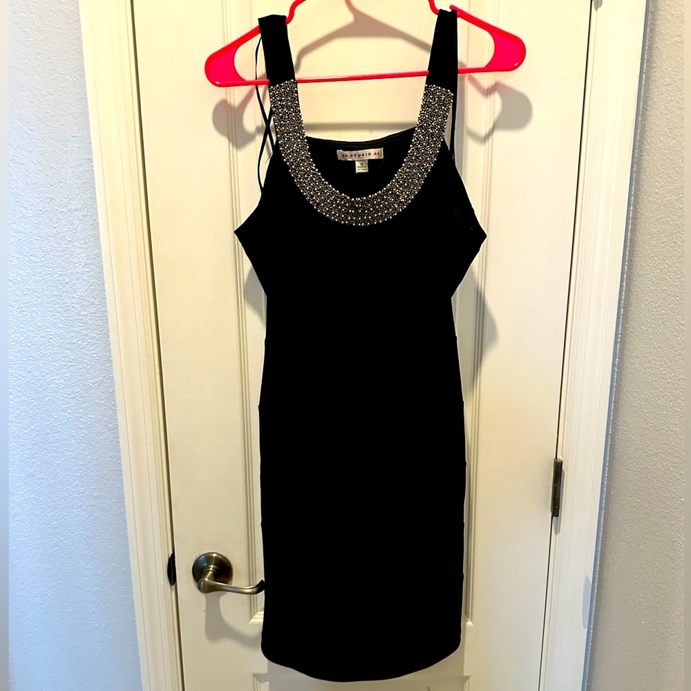 Beaded collar sleeveless black dress